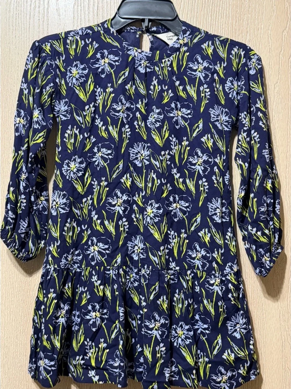 Girls' Floral Navy Peplum Dress with Green Accents